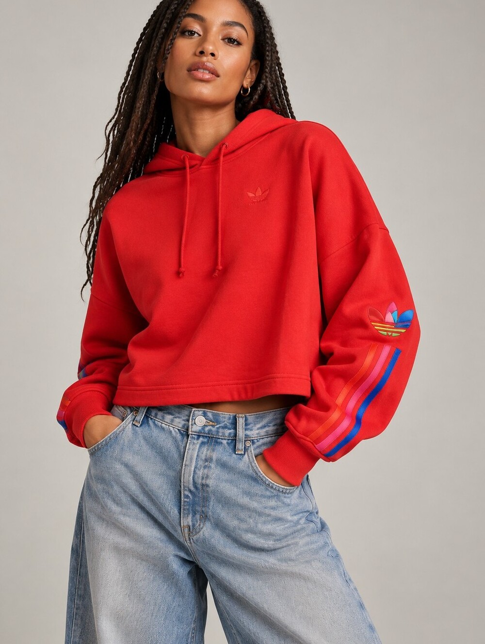 NWT ADIDAS 3D Trefoil Scarlet Red Multi Embroidered Cropped Hoodie Sweatshirt M